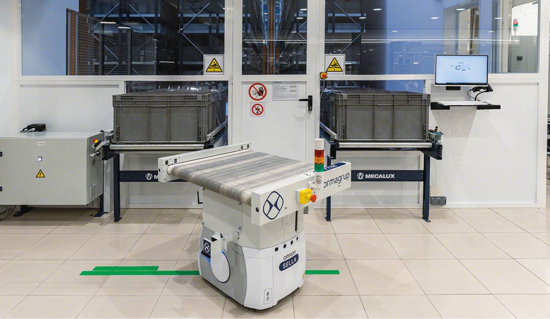 AGV robots can automatically remove stock from the racks and distribute products to kitting stations
