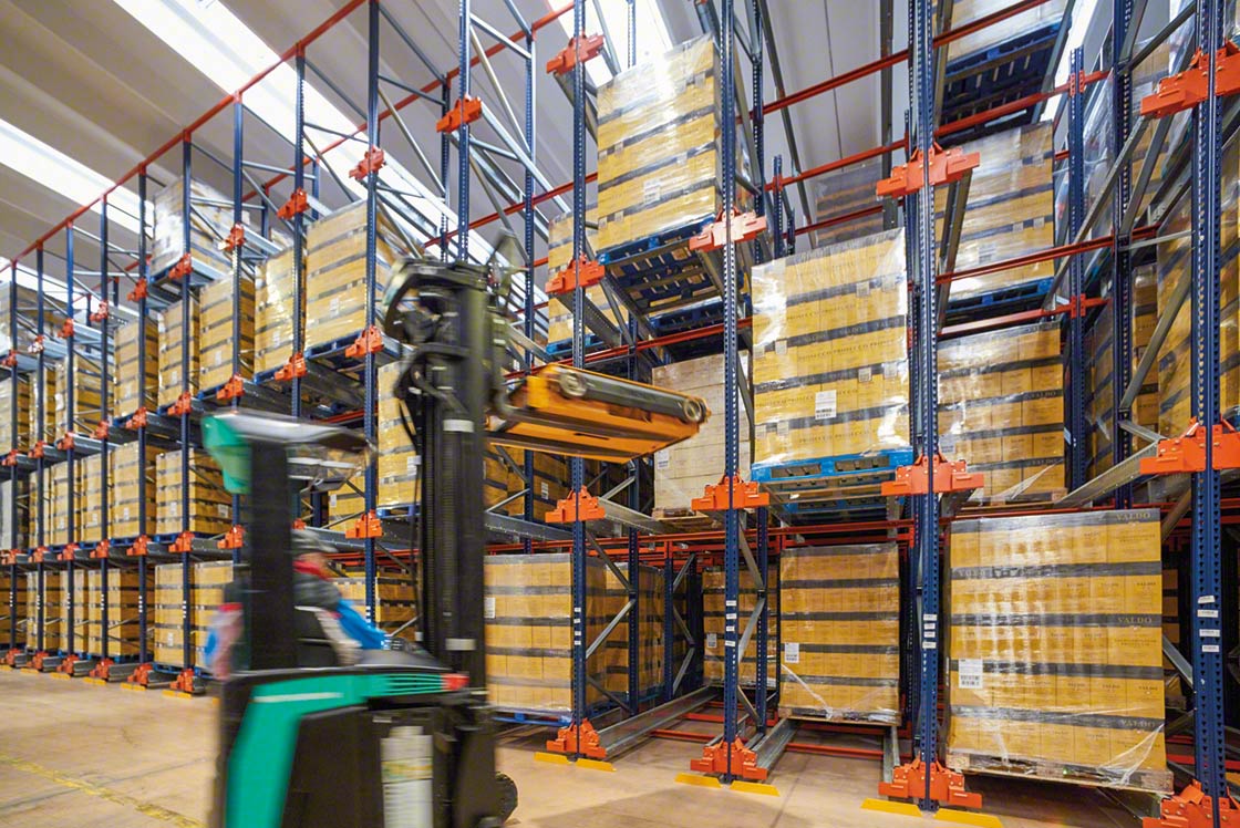In a bonded warehouse, the Pallet Shuttle system houses many products in a small space