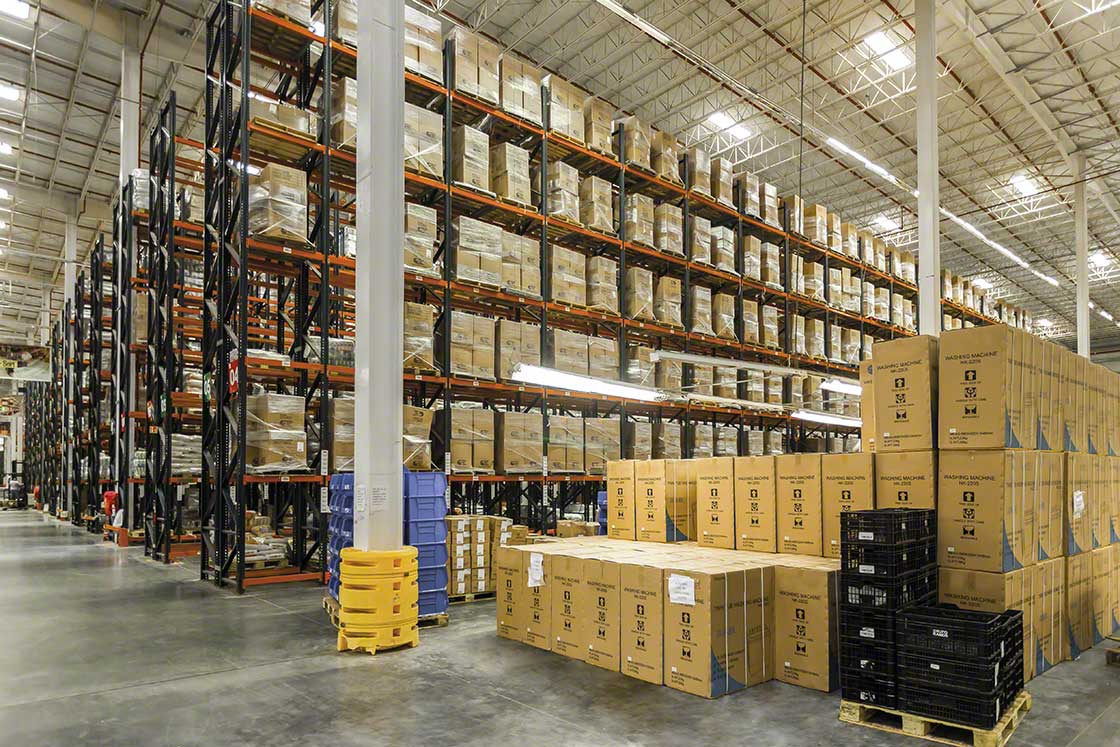 The warehouse staging area is the rack-free space where goods are temporarily stored