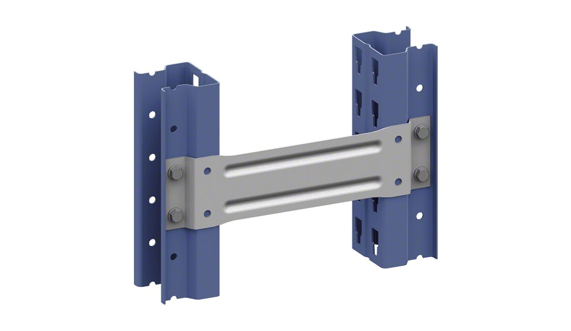 A row spacer is a metal profile that connects two posts of different frames to create a pallet rack module