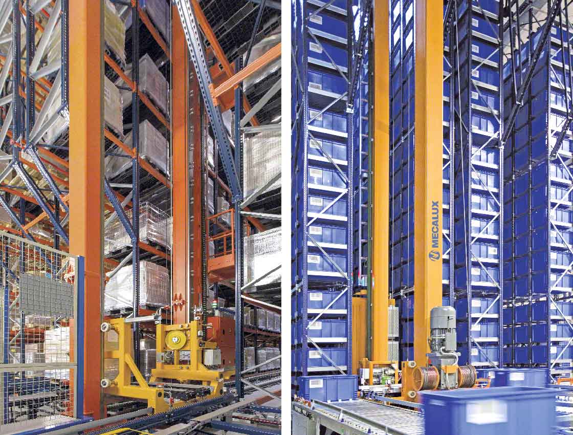 Twin-mast stacker cranes for pallets and boxes are more robust, and their structure is more resistant to heavy loads