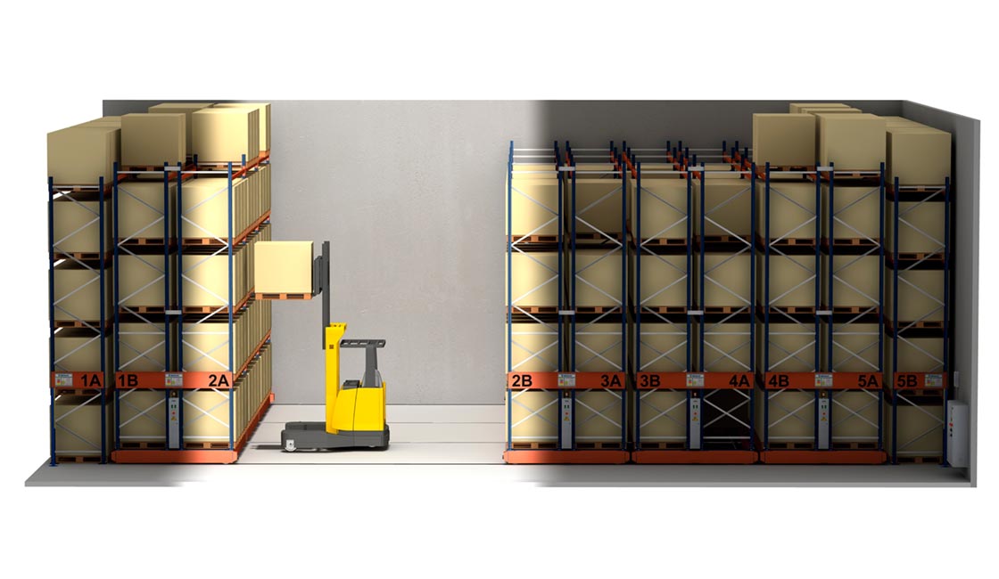 With mobile pallet racking systems, only the lights in the open working aisle are turned on