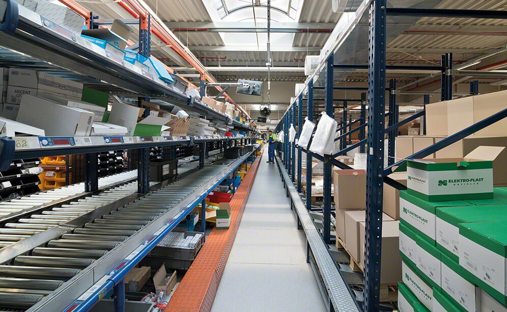 The picking block consists of live storage racks for pallets and boxes, racks with shelves and a conveyor circuit that creates two order prep areas on each floor