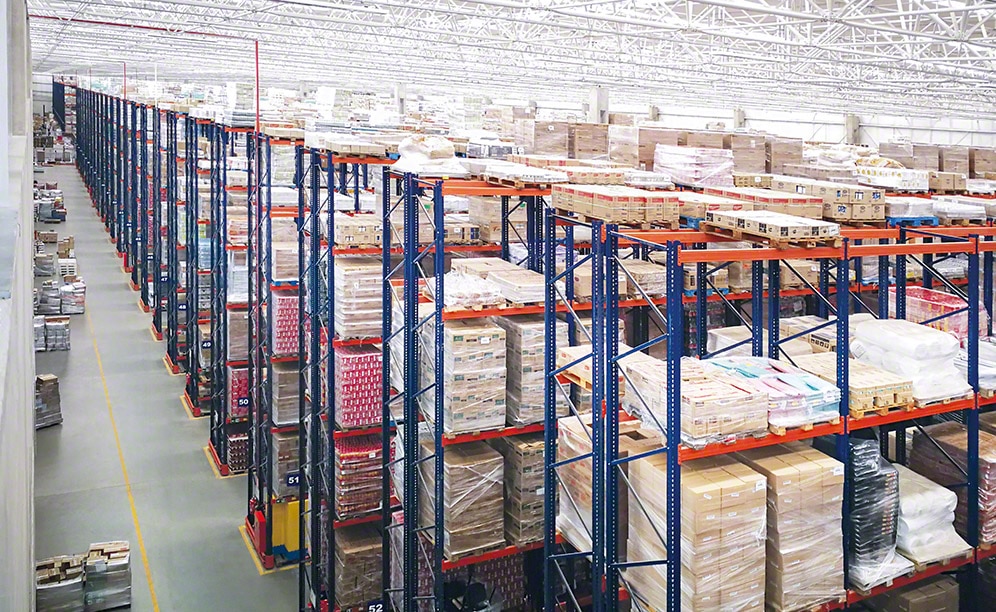 The pallet racks in this warehouse are 15 metres high