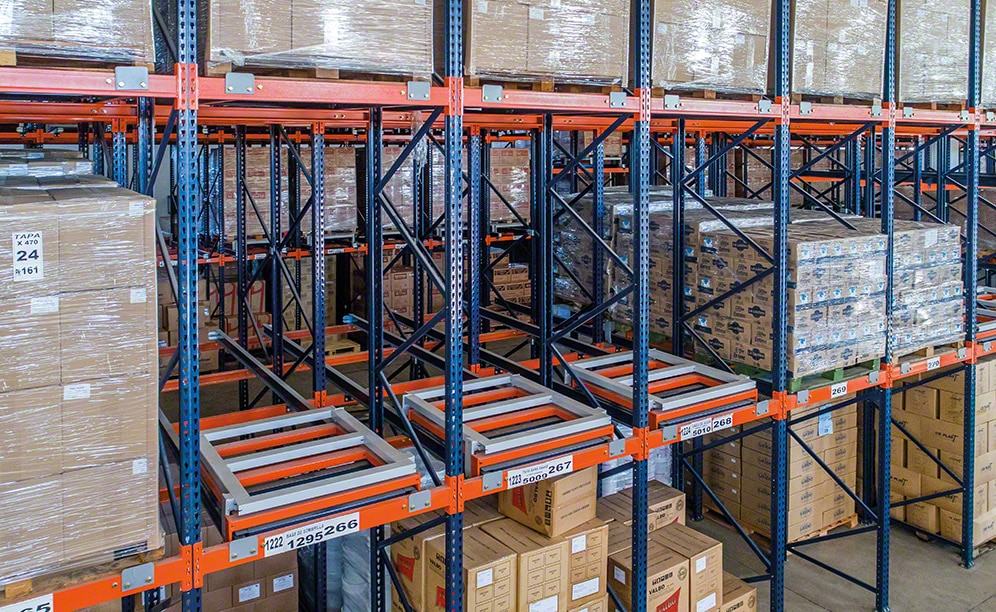 Push-back racking that makes full use of  all available surfaces areas