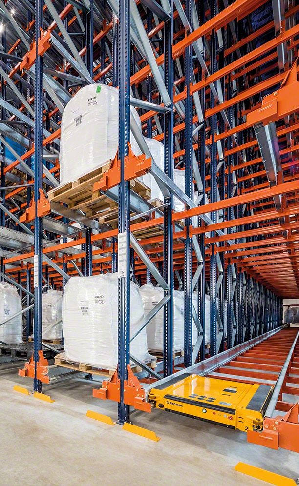Raw materials needed for manufacturing are stored in the racks