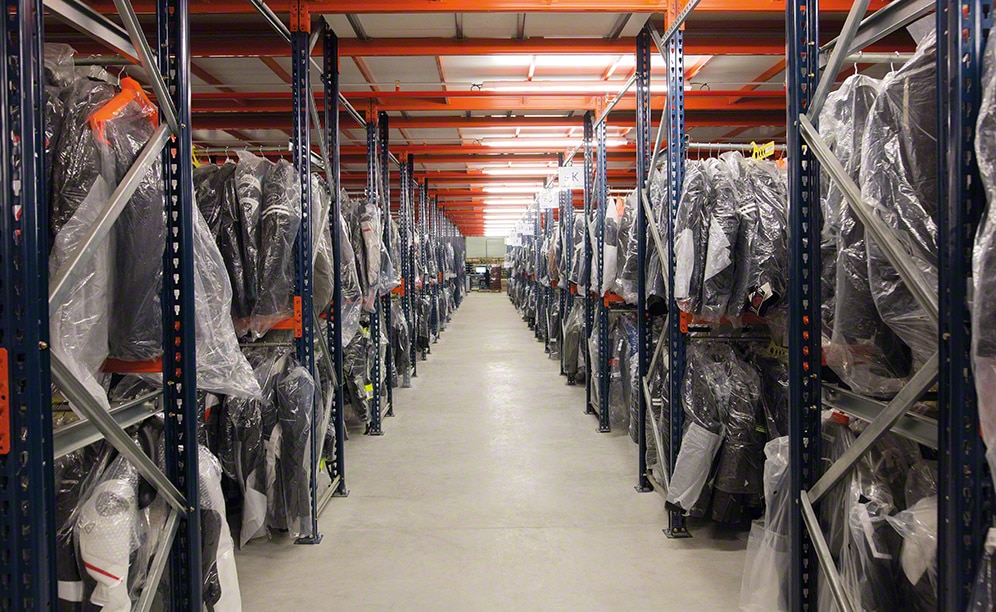 The lower floor is allocated to garments and levels contain rods where more than 26,800 hangers are hung
