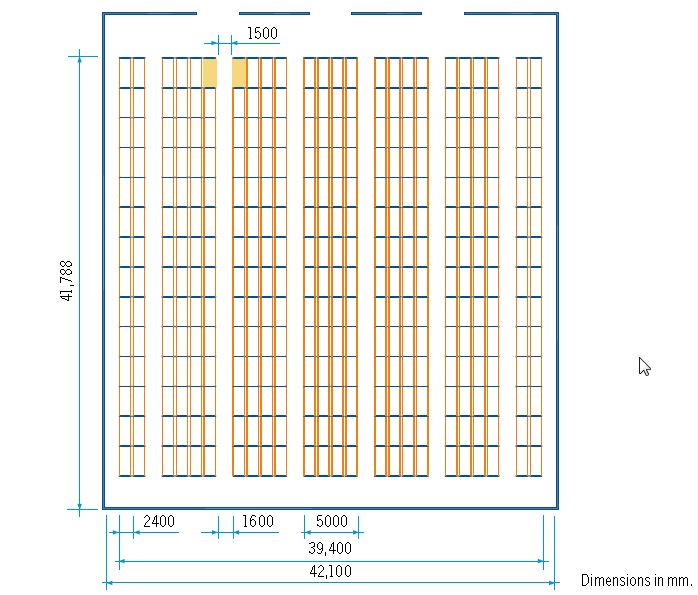 Warehouse layout Pallet racks with double-deep stacker cranes