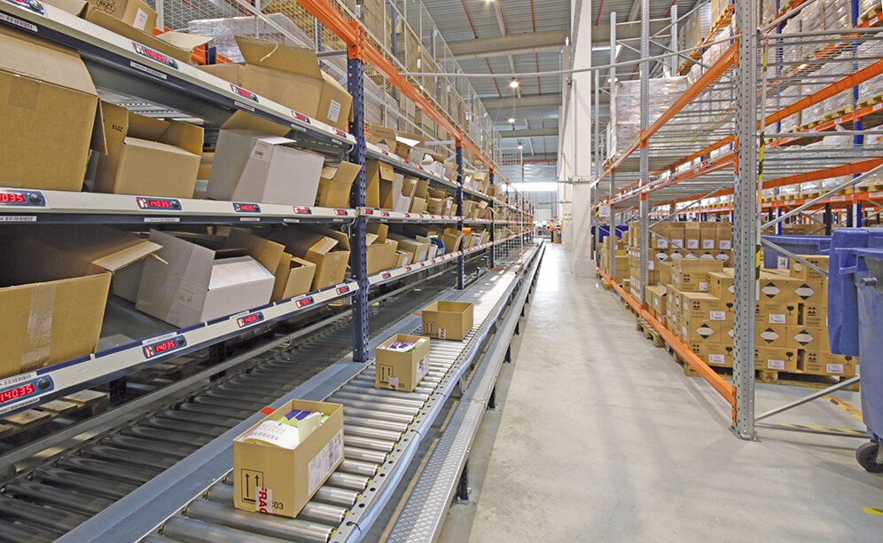 Each three level high rack is divided into multiple channels equipped with the pick-to-light system, which visually indicates the pick-up position and the quantity of SKUs the operator must extract for each order Each three level high rack is divided into multiple channels equipped with the pick-to-light system, which visually indicates the pick-up position and the quantity of SKUs the operator must extract for each order