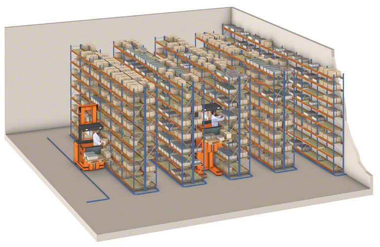 Order pickers operating in a pallet rack installation.