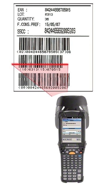 Example of an EAN-128 warehouse barcode label that identifies the pallet, the product it contains and the characteristics of said product