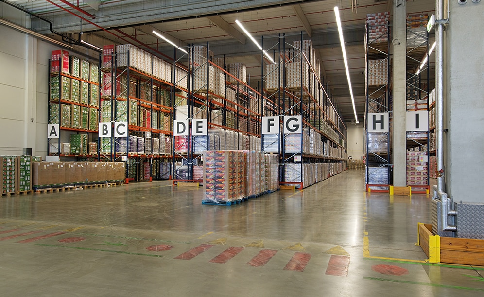 A total of 4,800 pallets is the storage capacity offered by the seven double-depth pallet racks and two single-depth ones, 9 m high and 58 m long, installed by Mecalux A total of 4,800 pallets is the storage capacity offered by the seven double-depth pallet racks and two single-depth ones, 9 m high and 58 m long, installed by Mecalux