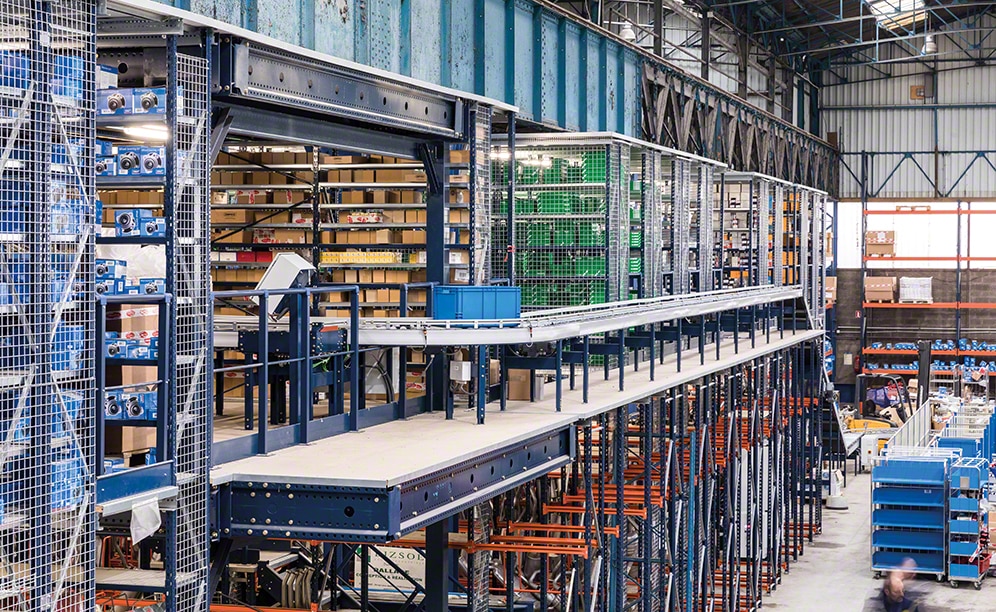 To connect the three warehouse levels, the circuit includes inclined belt conveyors that lower boxes to the other levels at a controlled speed To connect the three warehouse levels, the circuit includes inclined belt conveyors that lower boxes to the other levels at a controlled speed