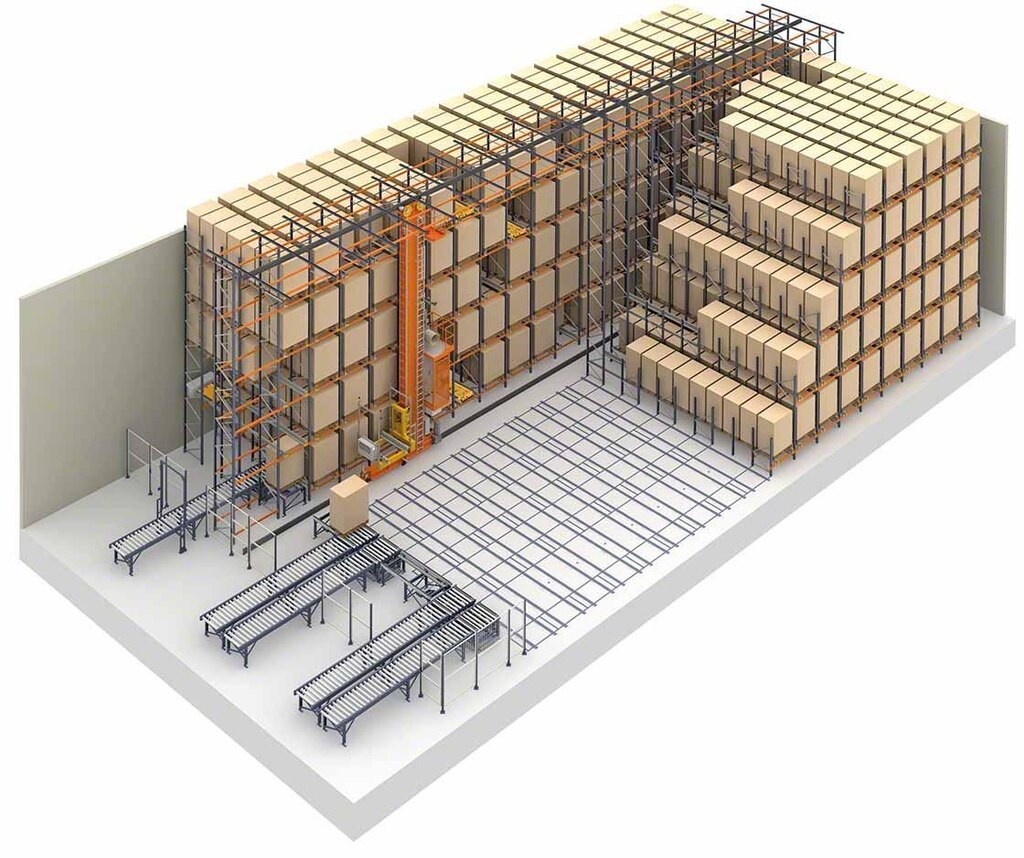 Depiction of compact storage systems and the automatic pallet shuttle Depiction of compact storage systems and the automatic pallet shuttle