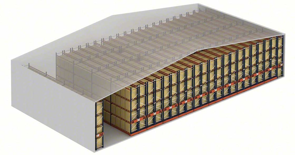 Diagram showing the increased storage space capacity of the mobile pallet racking with the Movirack shelves Diagram showing the increased storage space capacity of the mobile pallet racking with the Movirack shelves