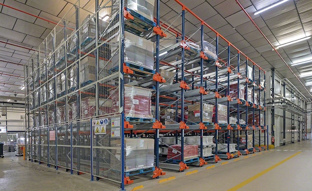 The warehouse comprises four aisles with double-depth racking