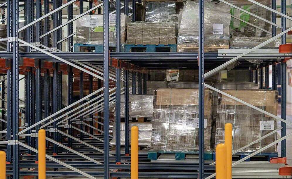 The push-back racks are allocated to cardboard and packaging The push-back racks are allocated to cardboard and packaging