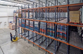 Shelving for picking footwear in the Gioseppo warehouse in Spain