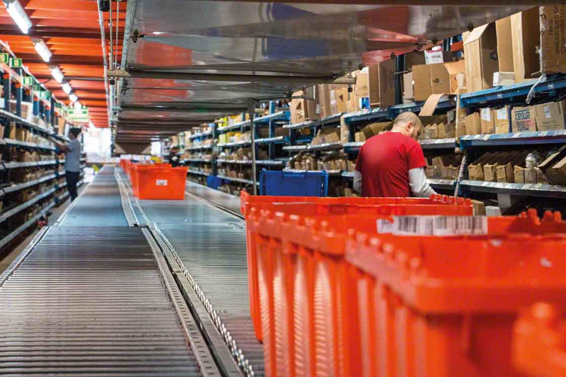 Spare parts installations can use shelving for picking and conveyors for SKUs with a very high turnover