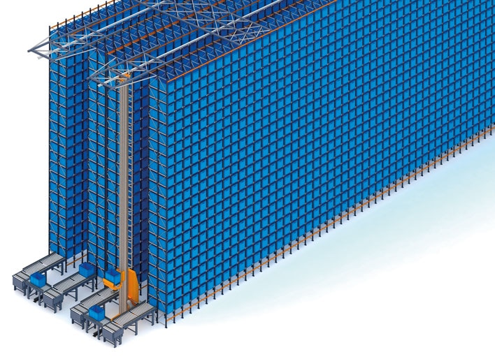 Automated warehouse for boxes and pallet racks of FIC