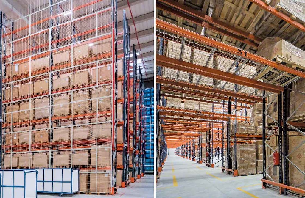 Fall-prevention mesh is fixed to the back of the pallet racks or above cross-passages