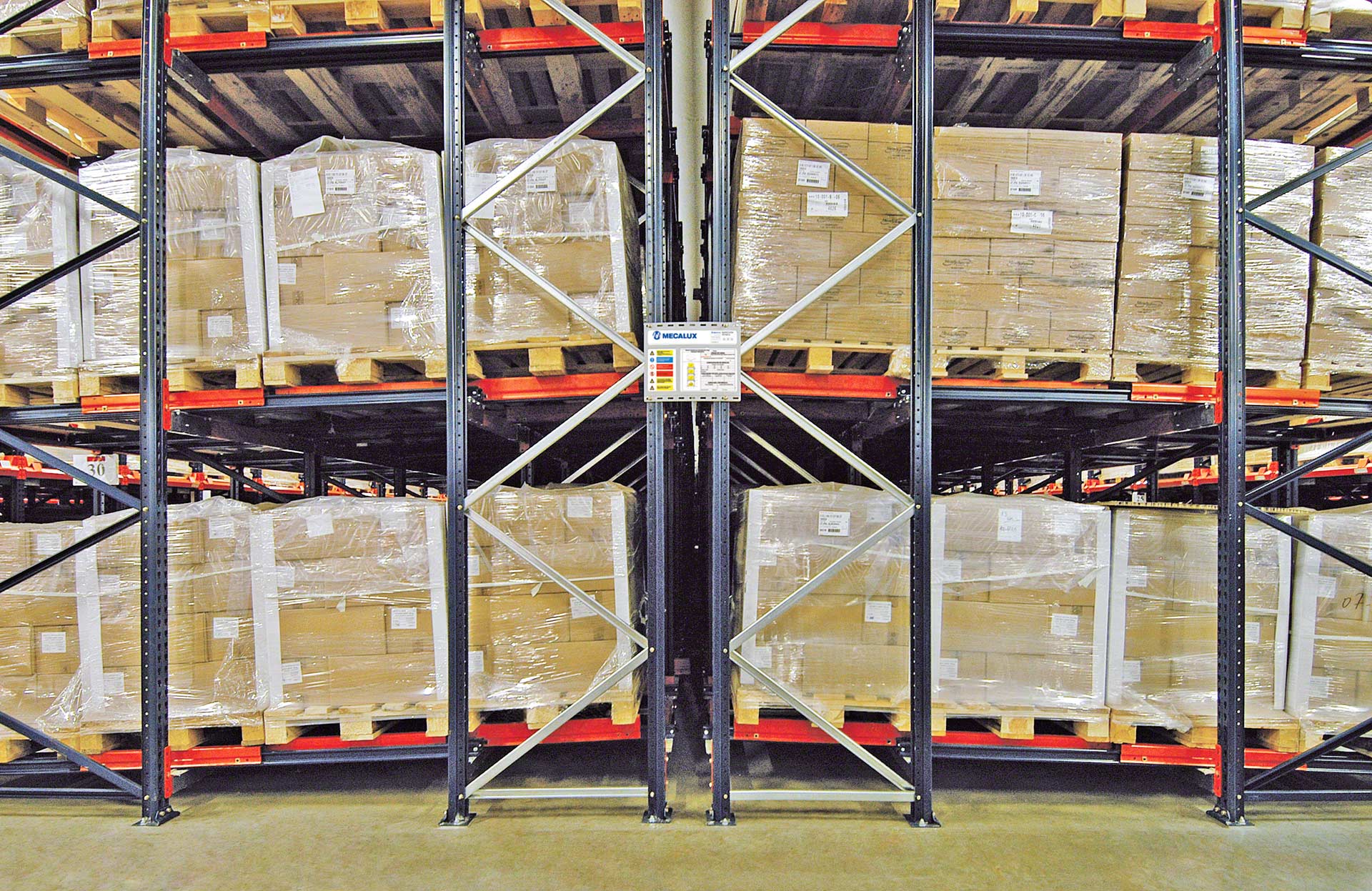 Push-back racking with carts can store up to 4 pallets deep per channel