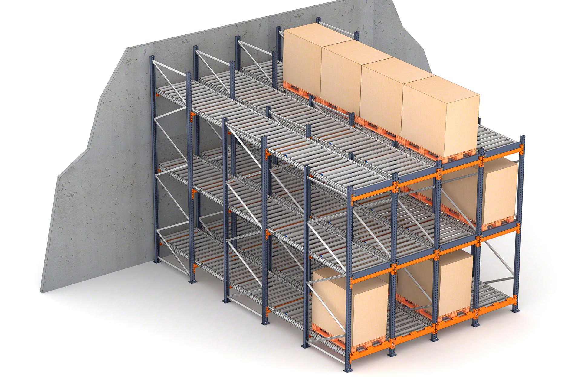 Push-back pallet racking with rollers shares the same main components as live pallet racking