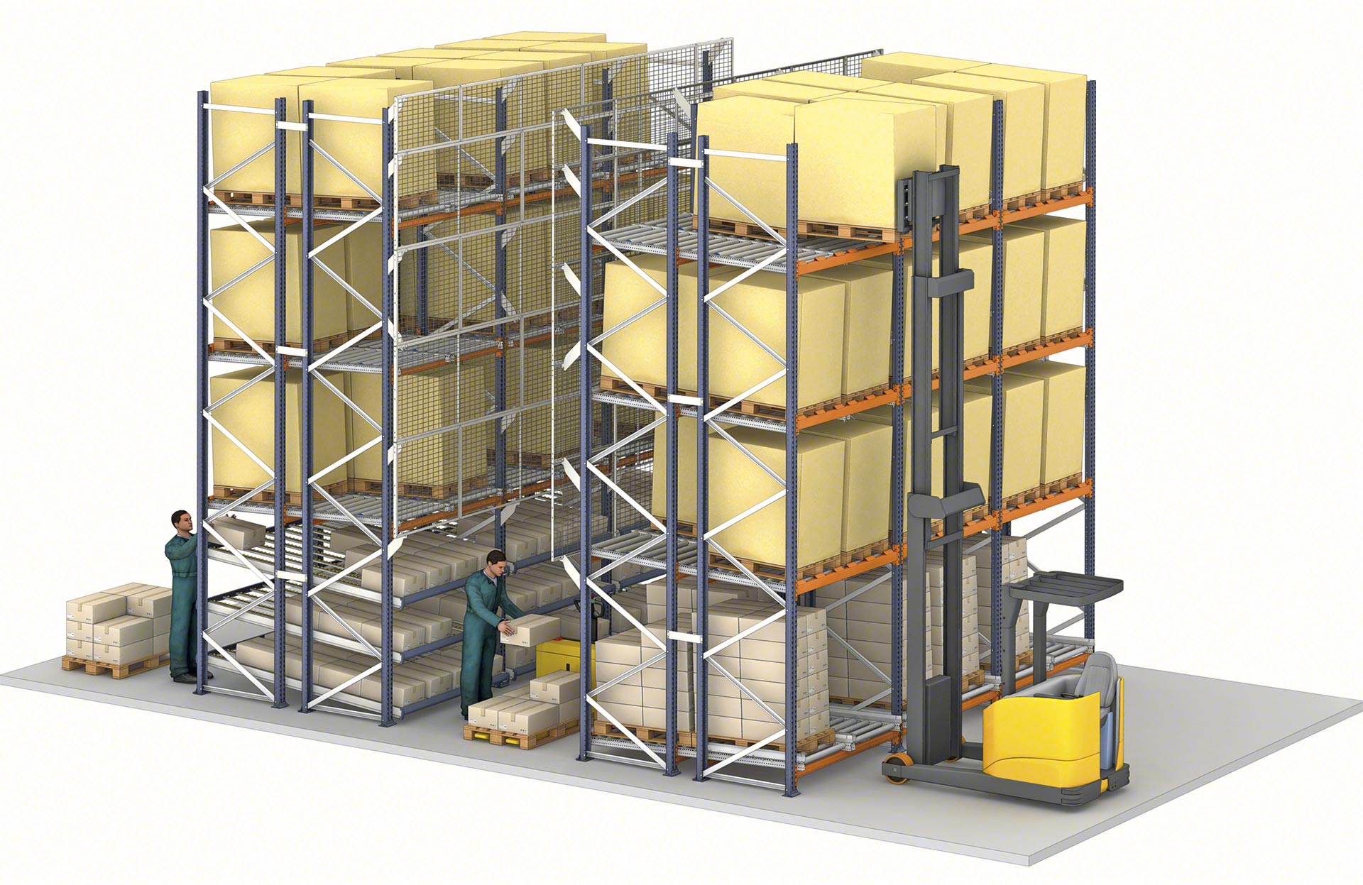 With push-back racking, it is possible to install levels of live pallet racking or carton live storage