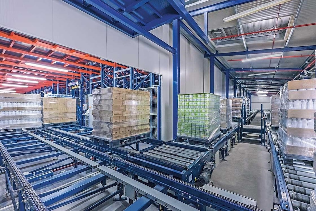 The transportation system links the production warehouse with the manufacturing process