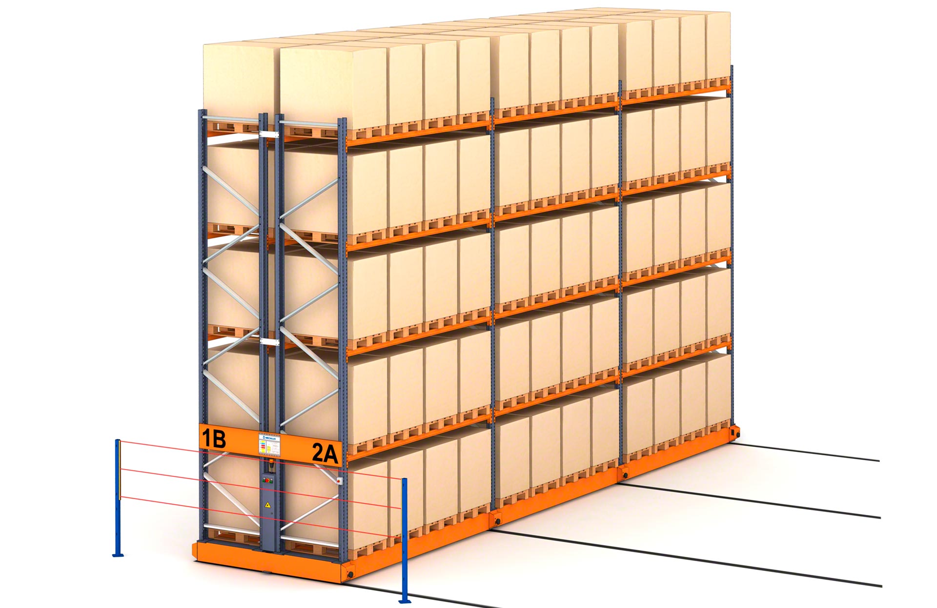 The exterior safety barrier blocks the movement of the system when operating inside the working aisle
