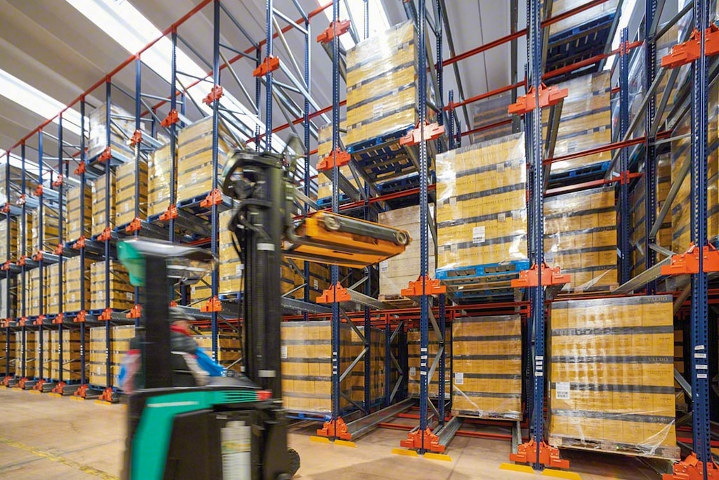In a bonded warehouse, the Pallet Shuttle system houses many products in a small space