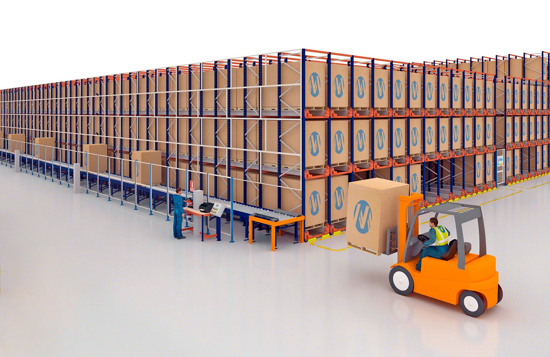 The Pallet Shuttle system can be rounded out with automatic solutions such as a pallet conveyor system