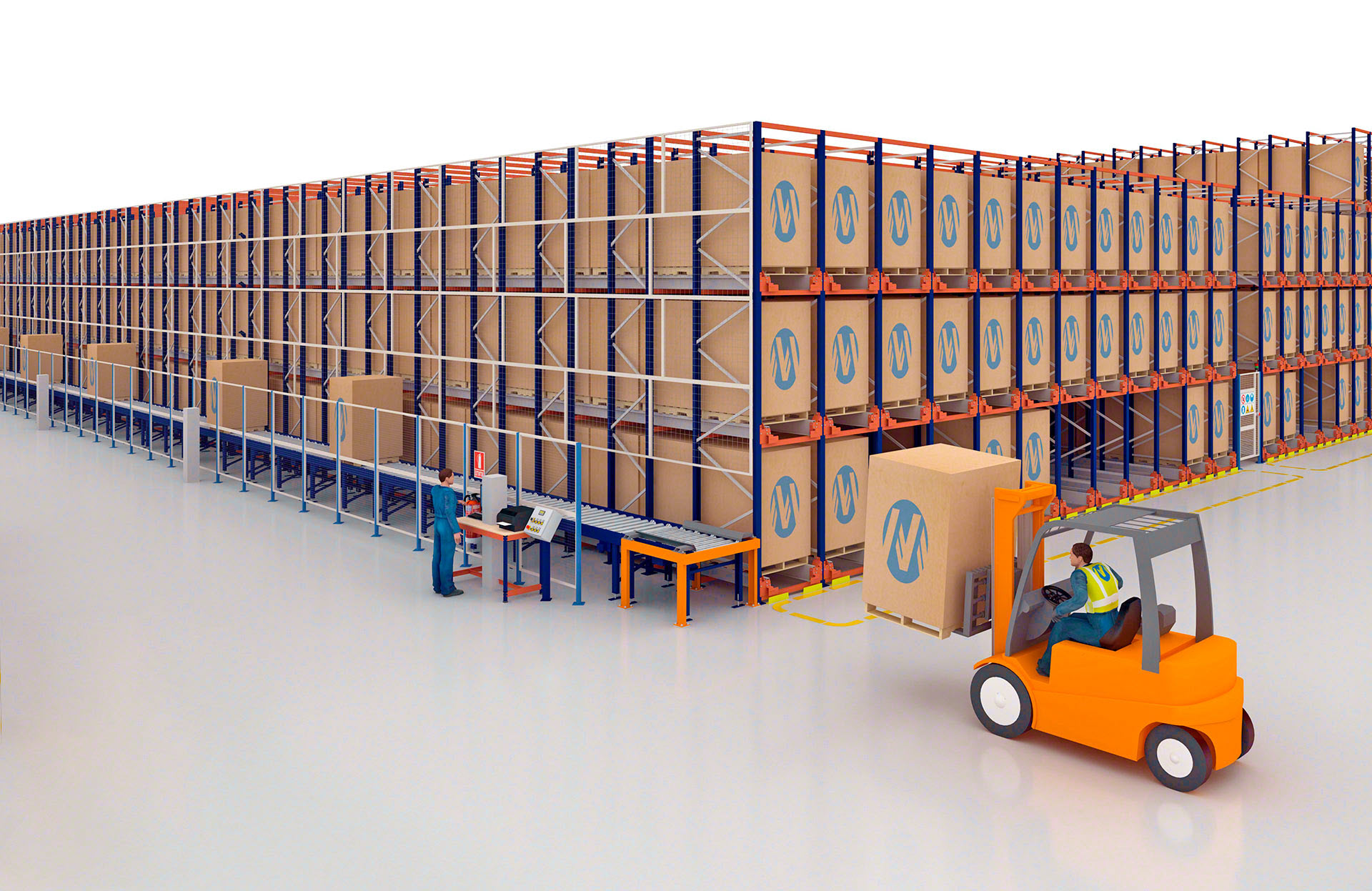 The Pallet Shuttle system can be rounded out with automatic solutions such as a pallet conveyor system