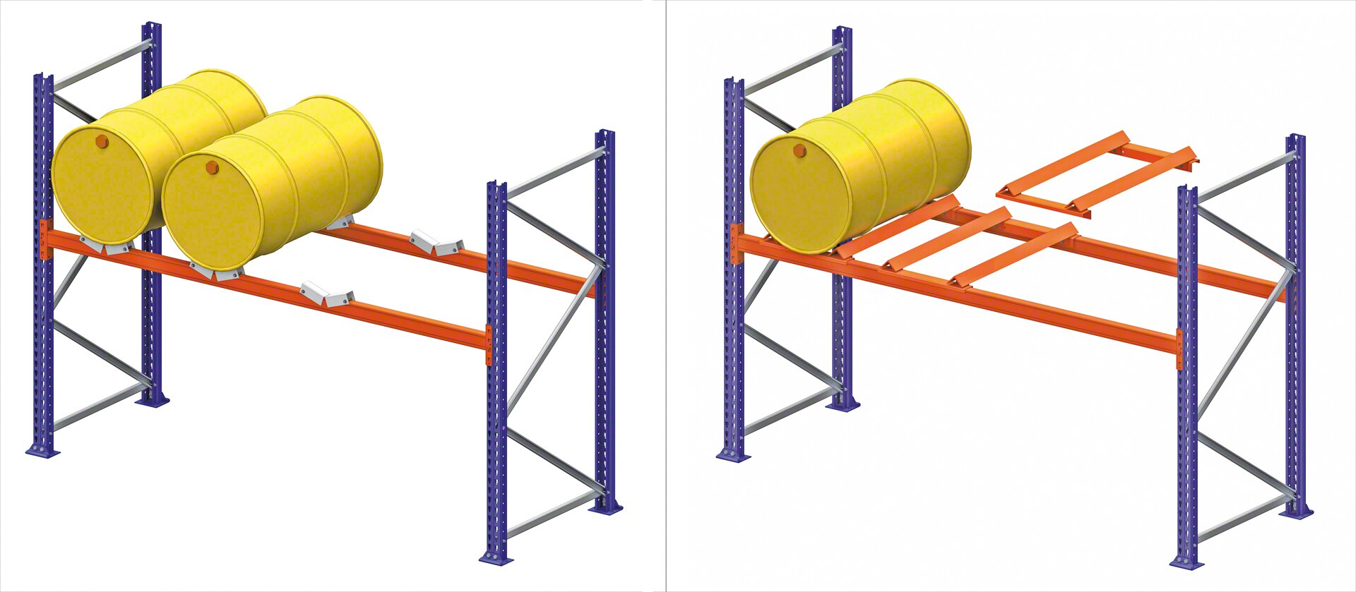 Supports and crossties to store barrels on the racks