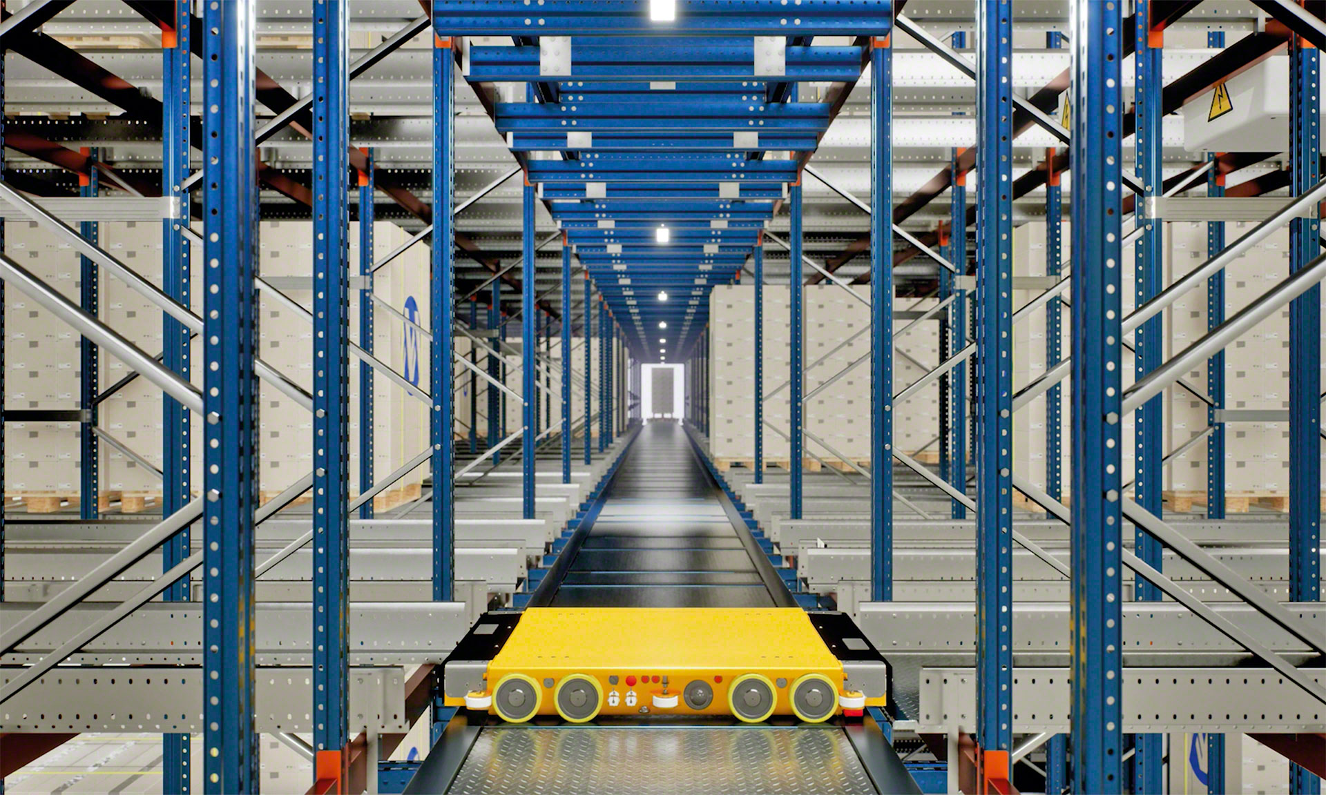 The 3D shuttle can navigate the aisles of the racking system autonomously