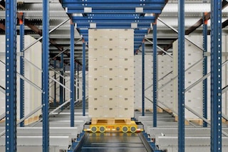 The shuttle moves within the racking