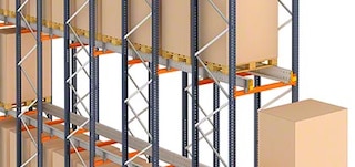 The frames and beams form the racking of the Automated Pallet Shuttle storage system