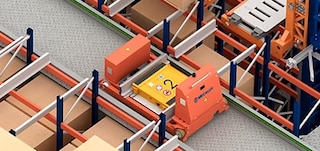 Transfer cars transport the electric shuttle along the working aisle Transfer cars transport the electric shuttle along the working aisle