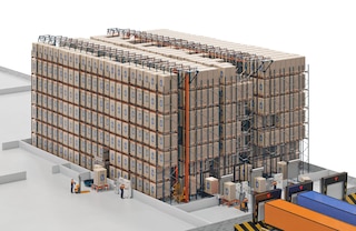 In the Automated Pallet Shuttle system, loads can enter and exit through the front conveyors and the sides