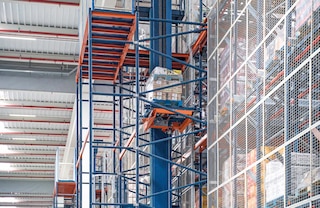 In the configuration with transfer cars, vertical conveyors move pallets to the corresponding levels