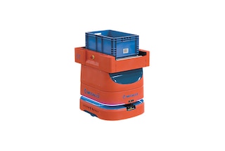 The AMR 100 with a conveyor moves light loads such as totes and boxes