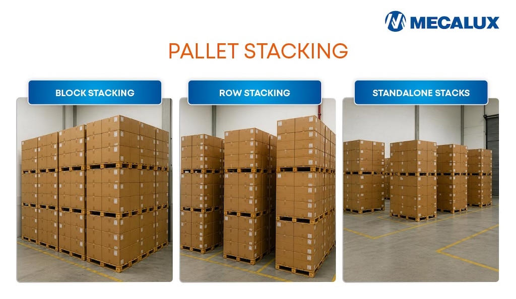 Pallets can be stacked in compact blocks, in rows or as standalone stacks