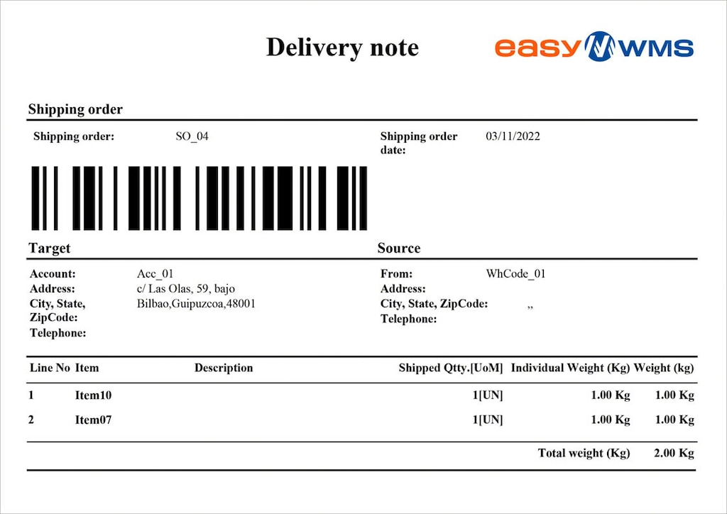 Example of a digital delivery note generated by Mecalux’s Easy WMS warehouse management system