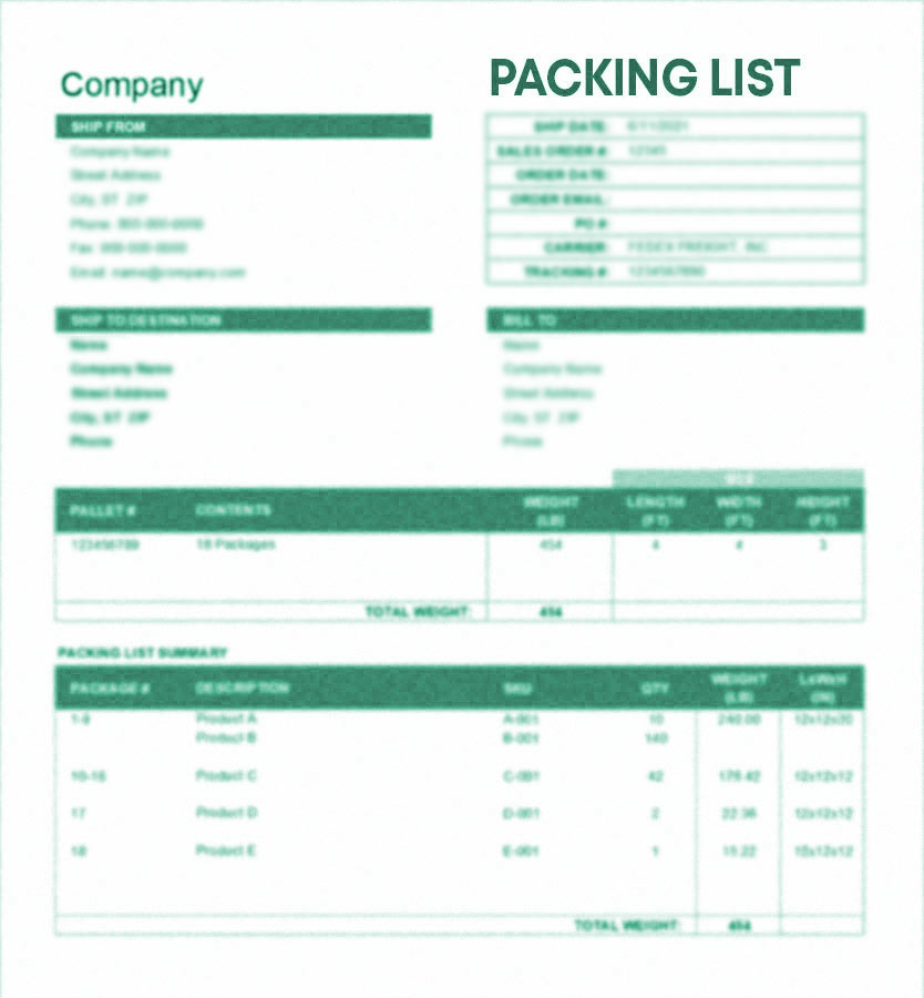 A packing list includes product types, quantities, volume, size and packaging