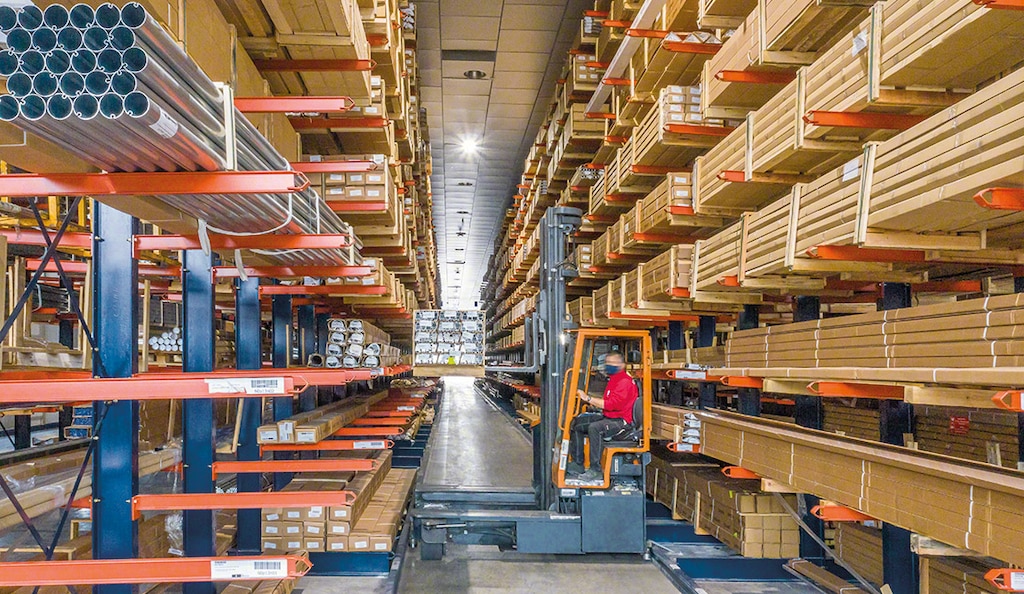 Cantilever racking consists of overhanging arms attached to columns to store bulky goods