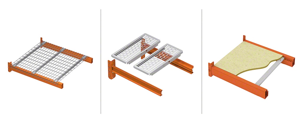 Racking beams with different types of shelving: wire mesh (left), metal (middle) and wooden (right)