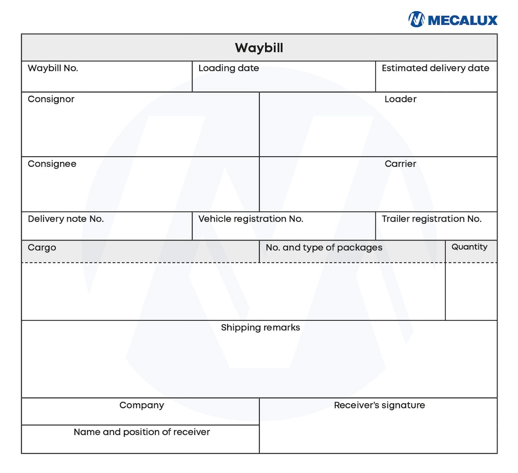 Sample of a waybill used in a logistics facility with fields to be filled in