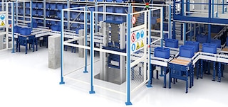 Safety enclosures delimit the conveyor path