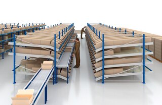 Box conveyors can be integrated with live storage for picking