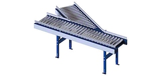 The merge roller conveyor redirects flow to a main conveyor line